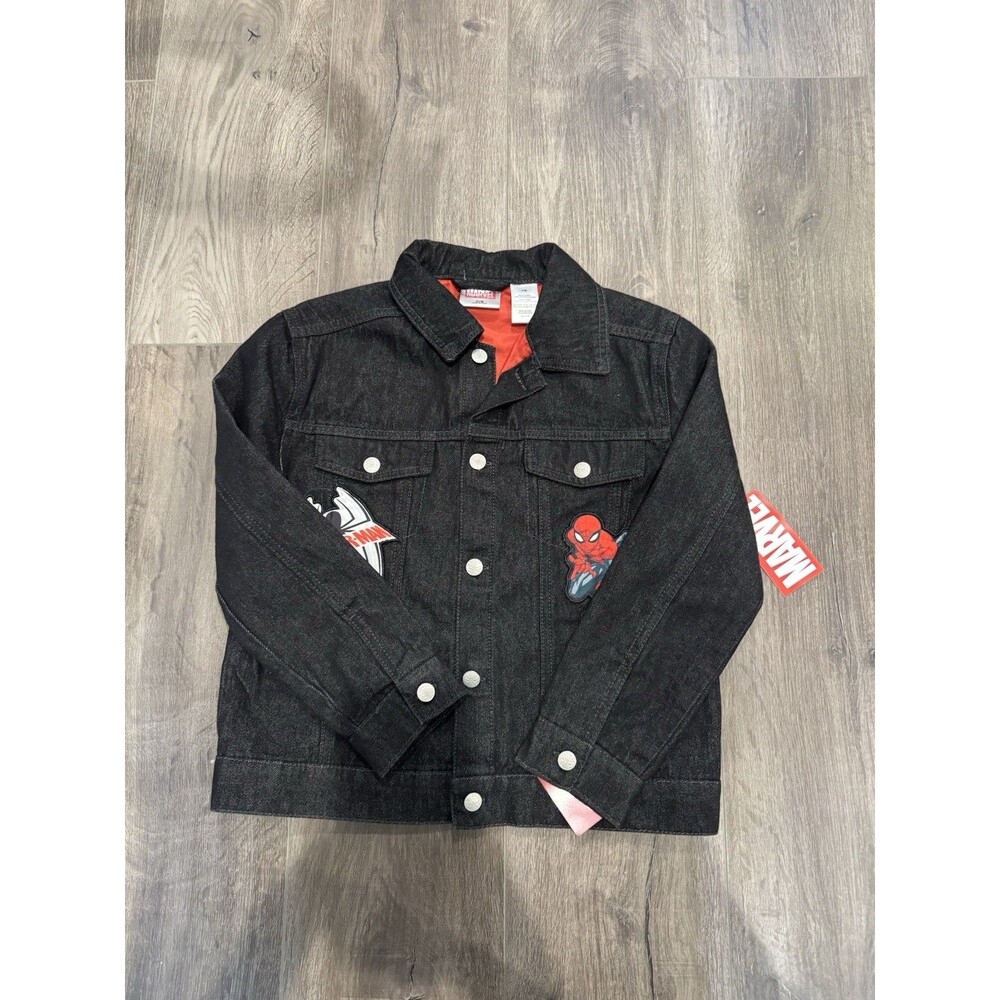 Marvel Spider-Man Boys 7/8 Black Denim Jean Jacket Embroidered Patches